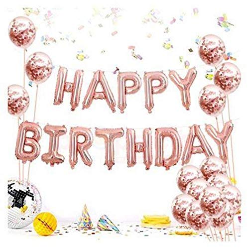 Rose Gold Happy Birthday and Confetti Balloon