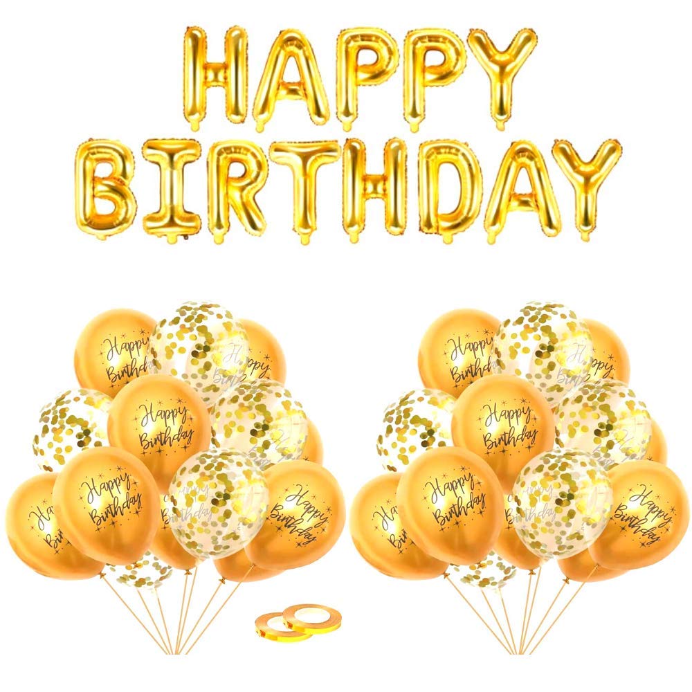 golden happy birthday pre filled foil balloon banner, golden happy birthday pre filled metallic balloons and golden pre filled confetti balloons