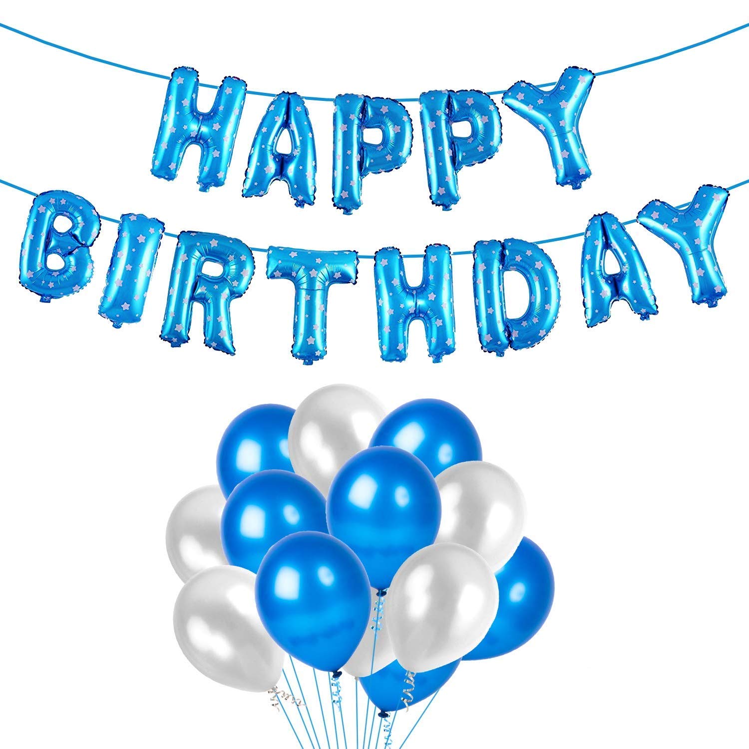 Polka Blue Happy Birthday Balloon + 25 Blue & 25 White Balloons