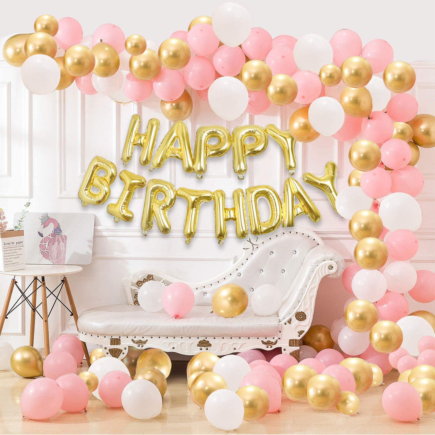 golden happy birthday pre filled foil balloon banner, pink latex metallic balloons, white latex metallic balloons, gold latex metallic balloons online for party